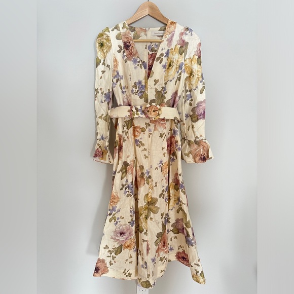 NWT Zimmermann Luminosity Belted Linen Midi Dress Beige Floral | ZIM 0 / US XS - Picture 6 of 13